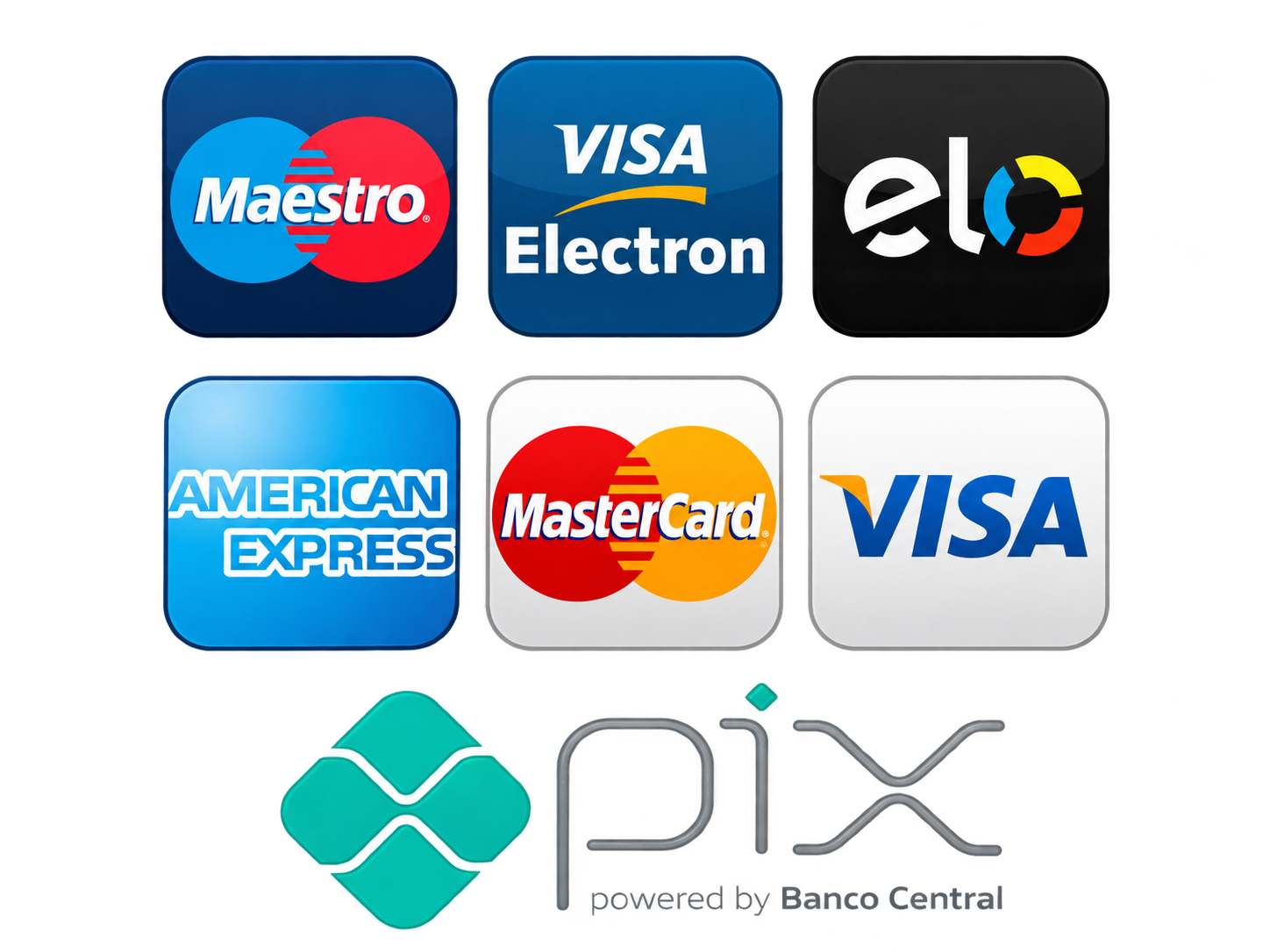 Maestro, Visa Electron, Elo, American Express, Mastercard, Visa e Pix